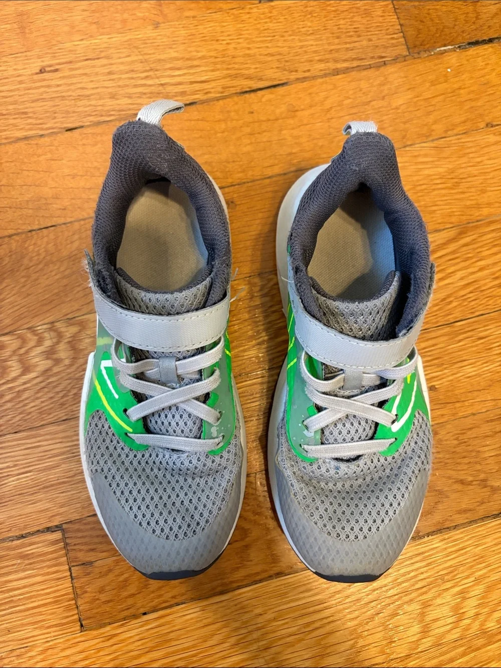 New Balance Kids Gray and Green Velcro Athletic Sneakers